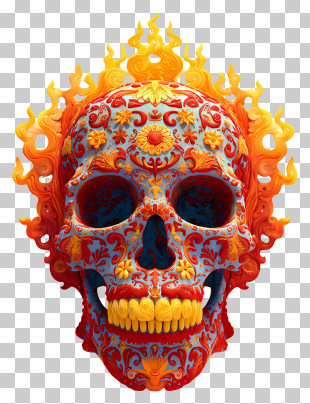 Sugar Skull - Colorful Skull With Flames PNG