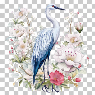 Crane Flower - Elegant Heron With Floral Background PNG