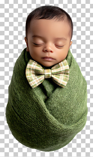 Cute Baby Boy - Sleeping Newborn Wrapped In Green Knit With Plaid Bow PNG