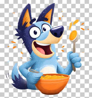 Bluey Eating Soup - Happy Cartoon Dog With Bowl PNG