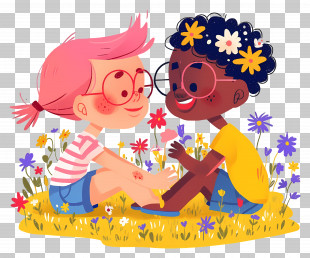 Watercolor Children - Children Playing In A Flower Field PNG