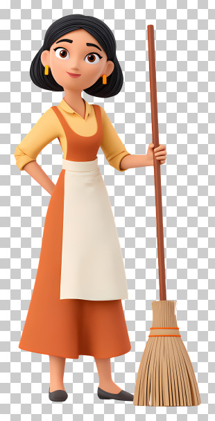 Indian Housewife Sweeping Floor - Woman With Broom In Cartoon Style PNG