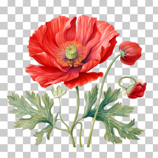 Poppy Flower - Red Poppy Flower Botanical Illustration PNG
