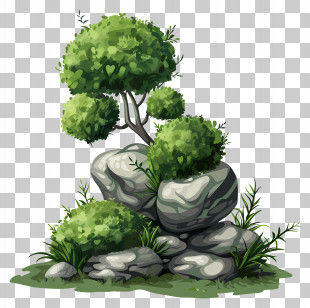 Moss Plant - Tree And Rocks With Shrubs Illustration PNG
