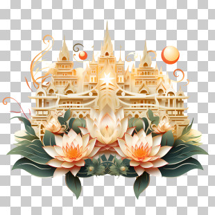 Loy Krathong - Ornate Temple With Lotus Flowers PNG