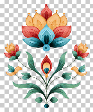 Indian Ornament - Colorful Floral Design With Petals And Leaves PNG