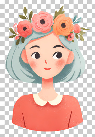 Blue-haired Girl With Flowers PNG