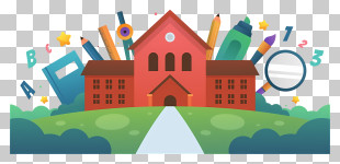 Cartoon School - Red School Building With Supplies PNG