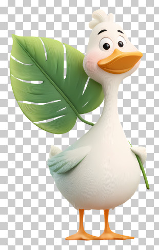 Kawaii Goose Holding Leaf - Cute White Duck With Leaf PNG