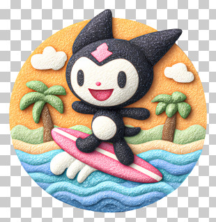 Kuromi Doing Surfboarding - Black Cat Character Surfing On Waves PNG