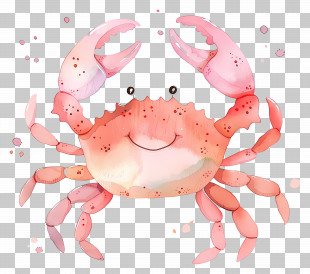 Watercolor Crab - Smiling Pink Crab Cartoon Illustration PNG
