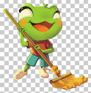Frog Cleaning With Broom - Frog Character With Mop PNG
