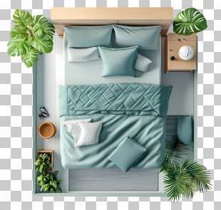 Bedroom Top View - Bed With Green Plants PNG
