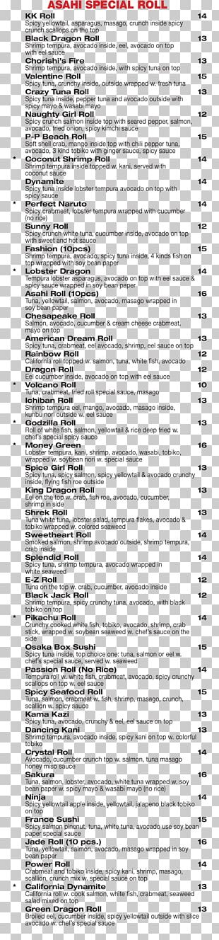 Asahi Breweries Asahi Hibachi Steak House & Sushi Bar Japanese Cuisine Menu PNG