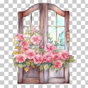 Wooden Door - Window Decorated With Pink Flowers PNG