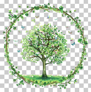Arbor Day - Tree Surrounded By Green Vines And Butterflies PNG
