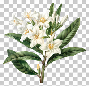 Tuberose Flower - Elegant White Jasmine Flowers And Green Foliage PNG