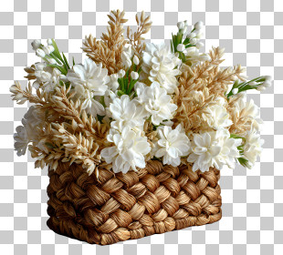Flower Basket Real - Natural White And Beige Flower Basket PNG