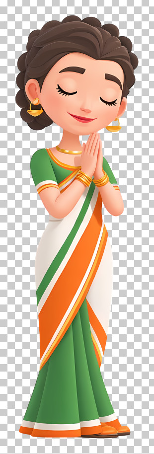 Indian Woman Praying - Indian Woman In Tricolor Sari Greeting PNG