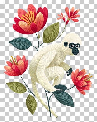 White Gibbon Flower - Monkey With Vibrant Flowers PNG