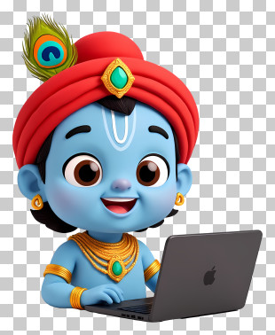 Krishna - Blue Character With Laptop And Peacock Feather PNG