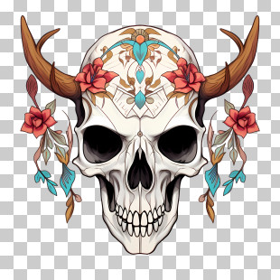 Deer Skull - Ornate Skull With Horns And Floral Patterns PNG