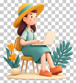 Girl Working On Vacation - Woman In Hat Working On Laptop Outdoors PNG