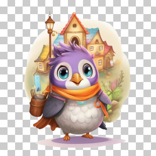 Little Penguin - Purple Bird With Tools In A Cartoon Village PNG