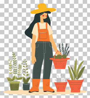 Gardening Woman - Gardening Woman With Potted Plants Illustration PNG