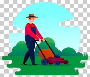 Lawn Care - Man Mowing The Lawn In Cartoon Style PNG
