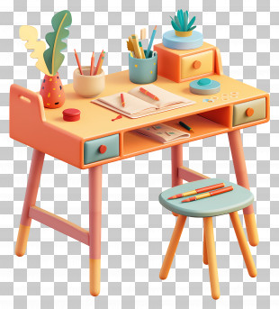 3d Desk - Colorful Study Desk With Supplies PNG