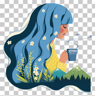 Girl Drinking Coffee - Woman With Blue Hair Illustration PNG