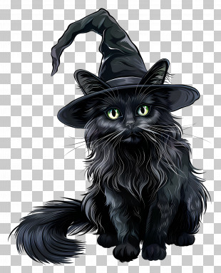Halloween Cat - Black Cat With Witch Hat For Halloween PNG