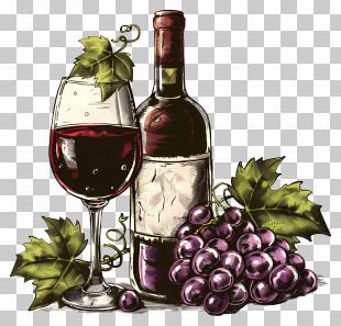 Wine - Wine Bottle And Grape Cluster Decorative Illustration PNG