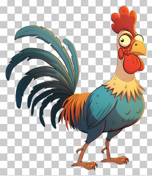 Cartoon Rooster - Cartoon Rooster With Vibrant Tail Feathers PNG