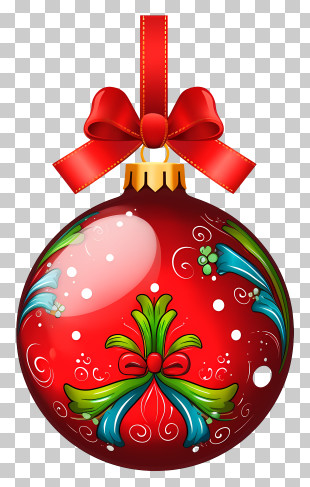 Red Christmas Ornament - Red Christmas Ornament Decorated With Green And Bow PNG