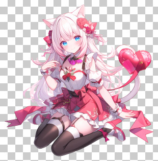 Anime Valentines Day - Cute Anime Girl With Cat Ears And Heart Balloon PNG