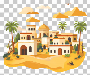 Arabic Landscape - Desert Village With Palm Trees PNG