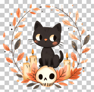 Halloween Black Cat - Halloween Black Cat With Candles And Skull Decor PNG