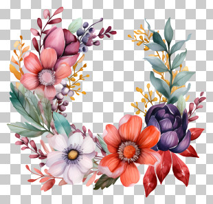 Watercolor Painting - Colorful Floral Wreath Decoration PNG