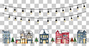Snow Covered Street - Snowy Houses With Festive String Lights For Christmas PNG