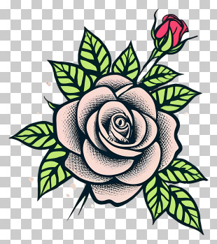 Rose - Tattoo-Style Rose With Pink Bud PNG
