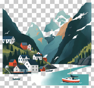 Norwegian Fjords - Mountain Village By The Lake PNG