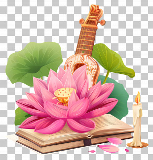 Saraswathi Puja - Lotus And Book Symbolism With Lute Harmony PNG