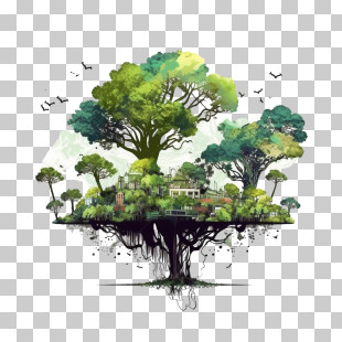 Abstract Tree - Tree With Houses And Roots PNG