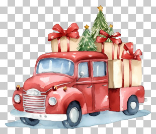 Vintage Car - Pickup Truck With Christmas Gifts And Trees PNG