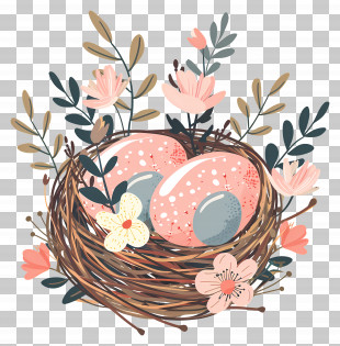 Easter Eggs - Bird Nest With Eggs And Flowers PNG