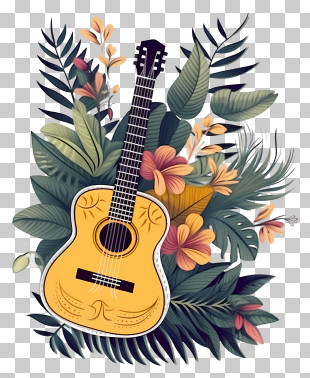 Guitar - Beautiful Guitar With Detailed Foliage And Flowers PNG