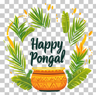 Happy Pongal - Decorative Pot And Leaves For Pongal Celebration PNG