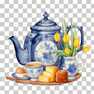 Teapot - Blue Teapot With Tulips And Snacks On Tray PNG